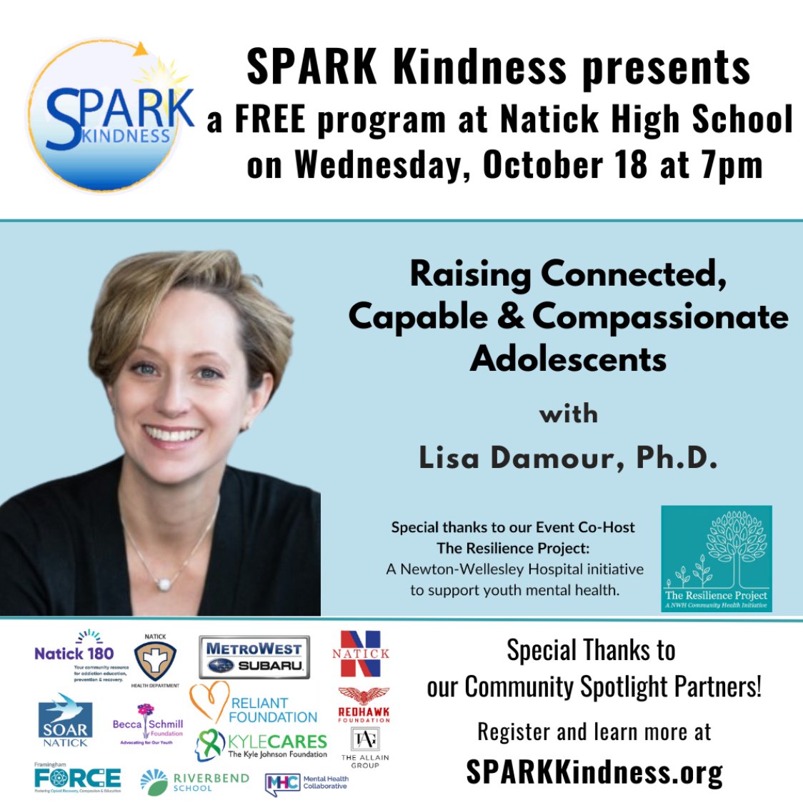 Natick180 (@natick180) on Twitter photo We are thrilled to be a partner for next week's <a href="/sparkkindness/">SPARK Kindness</a> event with Dr. Lisa Damour.
Dr. Damour will discuss her new book "The Emotional Lives of Teenagers” and offer the concrete, practical information parents/caregivers.
Register today --eventbrite.com/e/dr-lisa-damo… We are thrilled to be a partner for next week's <a href="/sparkkindness/">SPARK Kindness</a> event with Dr. Lisa Damour.
Dr. Damour will discuss her new book "The Emotional Lives of Teenagers” and offer the concrete, practical information parents/caregivers.
Register today --eventbrite.com/e/dr-lisa-damo…