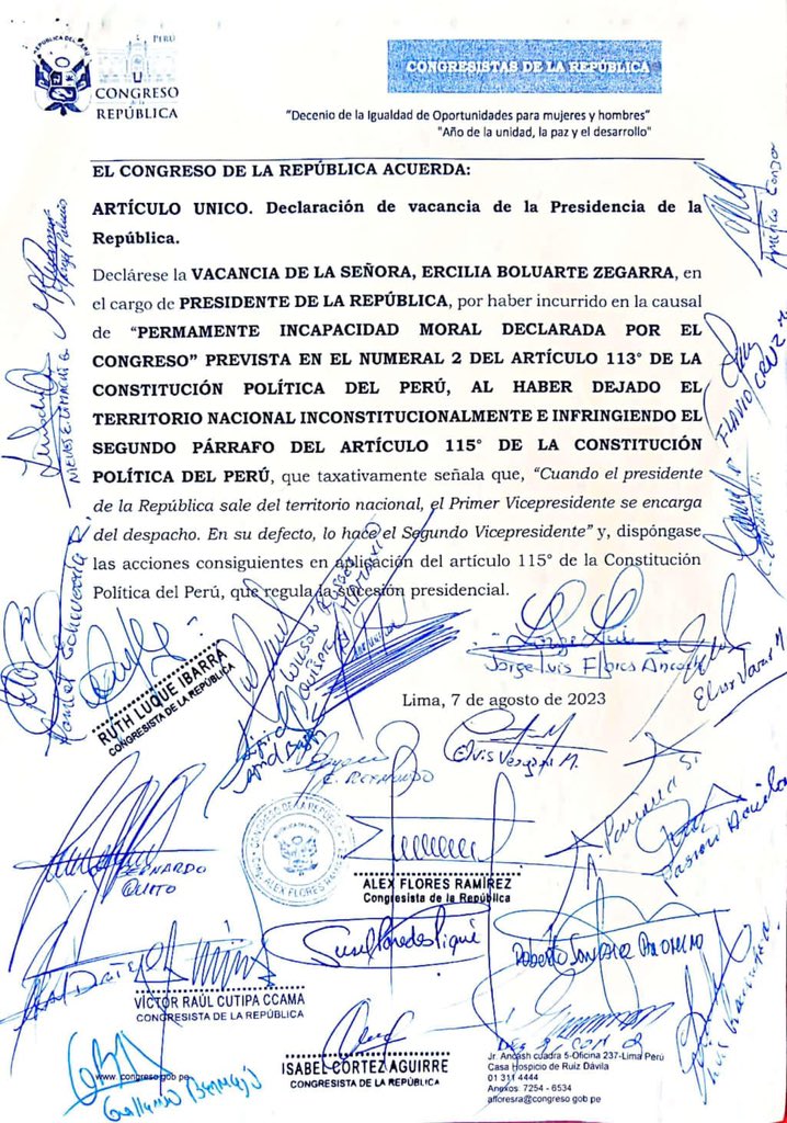AlexFloresPL's tweet photo. Hemos presentado la #MociónDeVacancia contra DINA BOLUARTE por PERMANENTE INCAPACIDAD MORAL ¡Por viajar al exterior inconstitucionalmente! ¡Por los más de 49 asesinatos! ¡Por su incapacidad ante la crisis económica, política e inseguridad ciudadana! ¡Vacancia ya! https://t.co/BRU82zoOTL