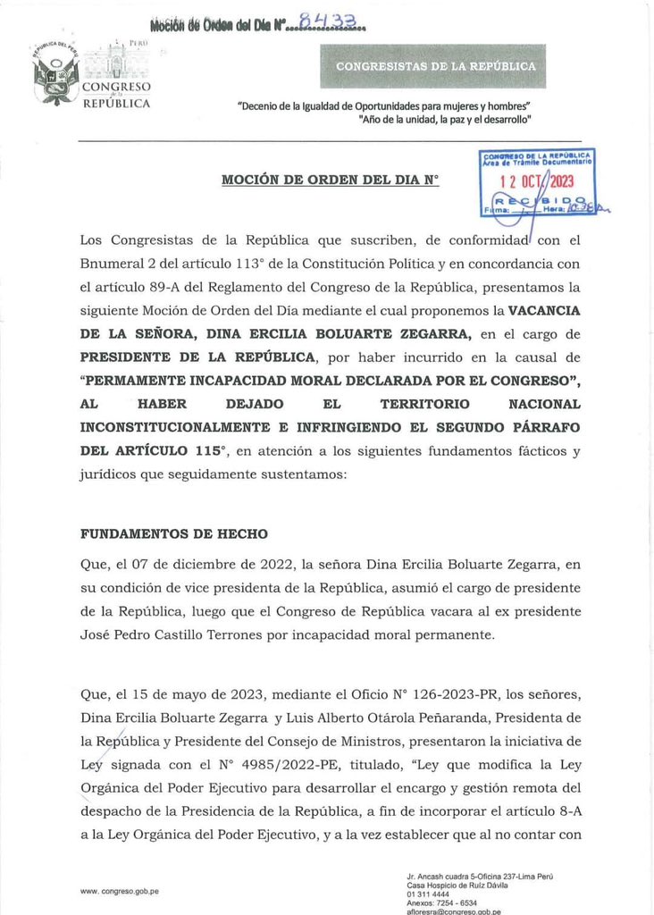 AlexFloresPL's tweet photo. Hemos presentado la #MociónDeVacancia contra DINA BOLUARTE por PERMANENTE INCAPACIDAD MORAL ¡Por viajar al exterior inconstitucionalmente! ¡Por los más de 49 asesinatos! ¡Por su incapacidad ante la crisis económica, política e inseguridad ciudadana! ¡Vacancia ya! https://t.co/BRU82zoOTL