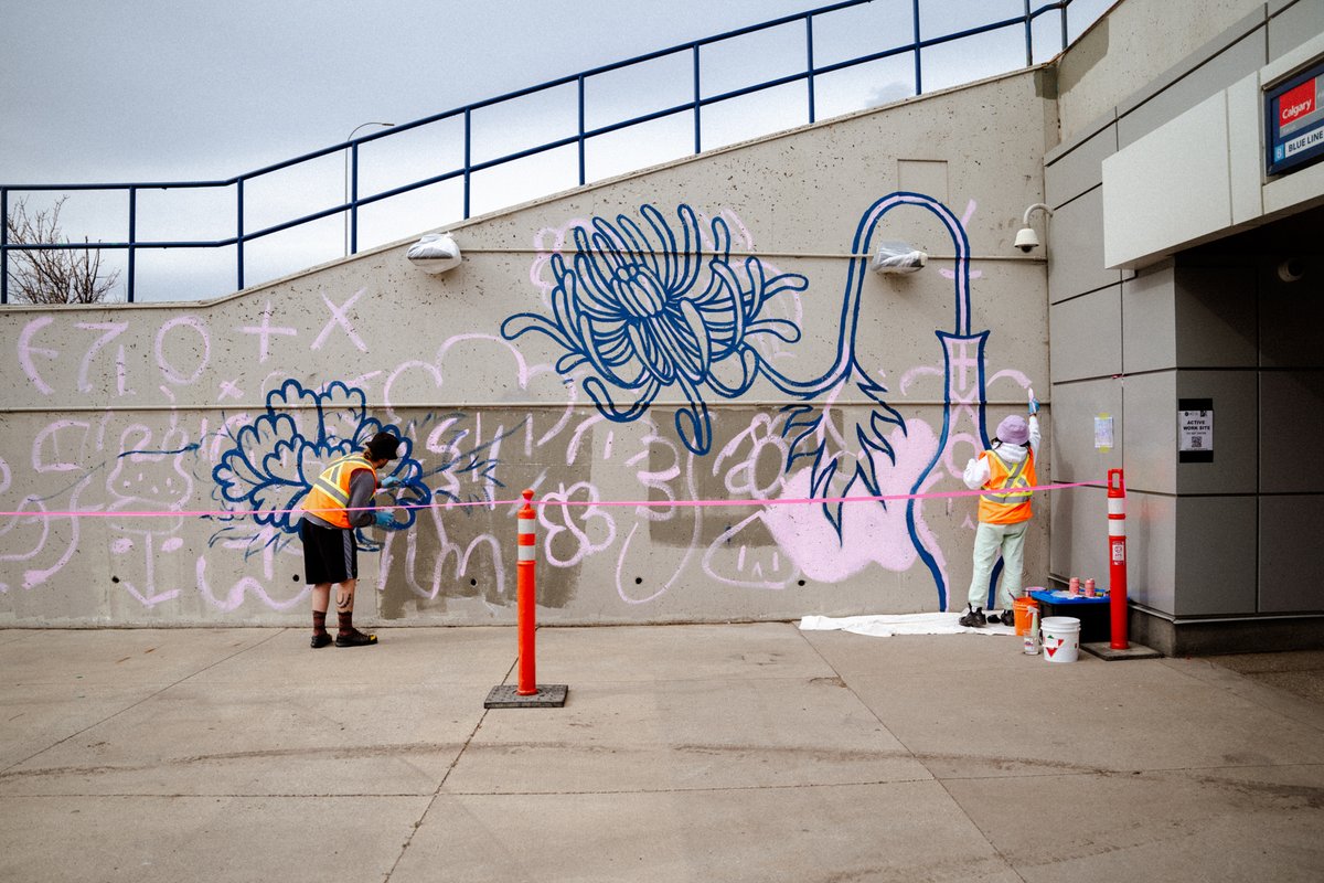 Rising artist duo Chris & Mao of the whimsical and fun world of @MaoProjects take on their first mural with TRANSITWORKS this fall at the Max Bell/Barlow Station. Ceramic forms, ornamental and pop culture symbols find its way into this beautiful new design that is almost done!