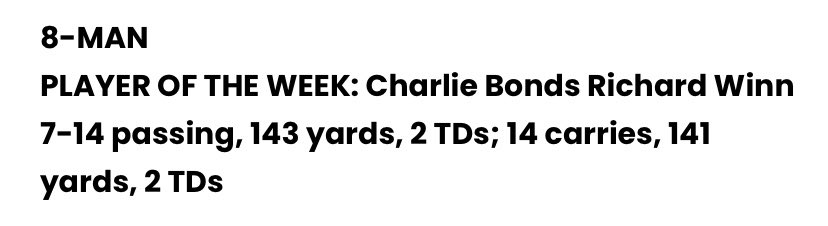 Thank you @HSreport for voting me 8-Man player of the week. @CitadelFootball @GoCamelsFB @WinnFootball