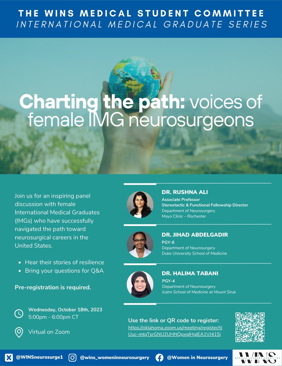 Women In Neurosurgery (WINS) (@womeninnsgy) on Twitter photo 🕒 Time's ticking!
Our "Charting the Path: Voices of Female IMG Neurosurgeons" event is just a week away.
Mark your calendars for Oct 18 & register for this empowering discussion with Drs. <a href="/RushnaAli6/">Rushna Ali</a>, @JihadAbdelgadi, and <a href="/hali_tab/">Halima Tabani</a>
#WomenInNeurosurgery #IMG 🕒 Time's ticking!
Our "Charting the Path: Voices of Female IMG Neurosurgeons" event is just a week away.
Mark your calendars for Oct 18 & register for this empowering discussion with Drs. <a href="/RushnaAli6/">Rushna Ali</a>, @JihadAbdelgadi, and <a href="/hali_tab/">Halima Tabani</a>
#WomenInNeurosurgery #IMG