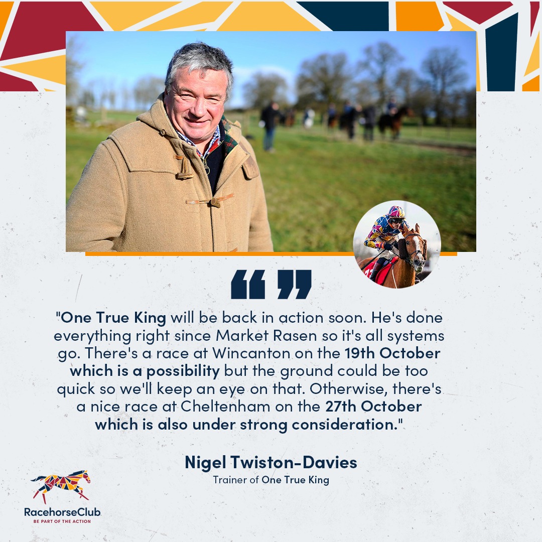 Trainer Nigel Twiston-Davies gives us an update on where One True King heads next...🏇

#RHC #RacehorseClub #OneTrueKing #RacingSuccess #RacehorseExperience #TracksideThrills #RaceDayExcitement  #horseracing #Racehorse #Racing #BritishRacing #Winners #RacingCommunity #Racehor ...