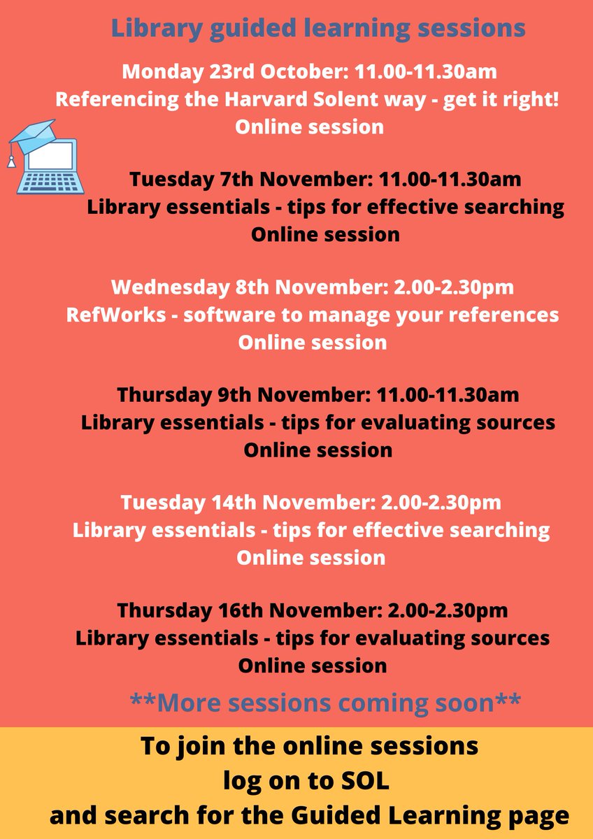 *Coming soon*  
Library guided learning sessions - no need to book just click the join link learn.solent.ac.uk/course/view.ph…