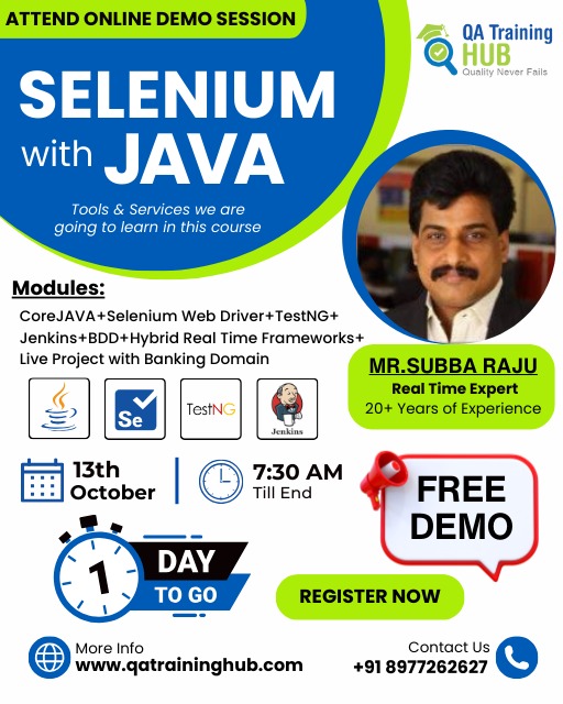 QATrainingHub's tweet image. 🚀 Ready to Unleash the Power of Automation? Join Our Free Selenium with Java Demo 🚀
👉Join the Free Demo
📅 Dates :13th October
⏰ Time : 7:30AM (IST)
📩Join Now -🌐Visit: qatraininghub.com
Call: +91 8977262627 | info@qatraininghub.com
#SeleniumWithJava #Automation
