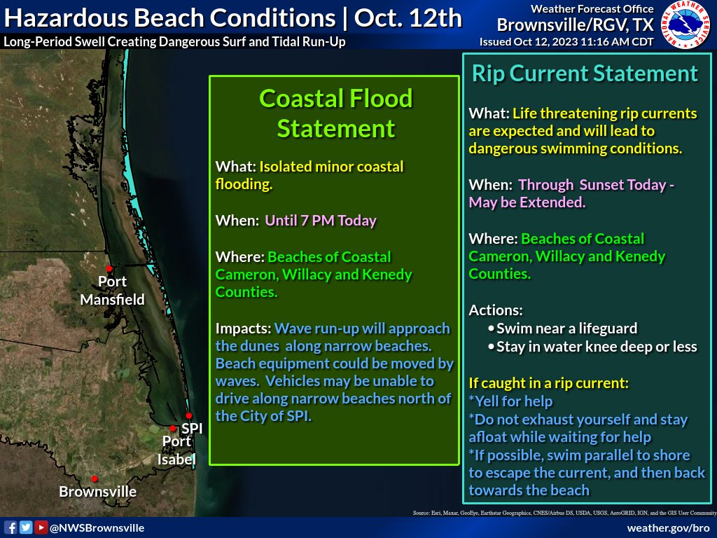 NWSBrownsville's tweet image. Headed to the beach this afternoon?  Prepare to walk a bit farther back (nearer the dune line) on City of #SouthPadre beaches; driving will be limited to none north of the City where beaches are narrow.  Dangerous surf and rip currents prevail for most swimmers. #rgv #txwx