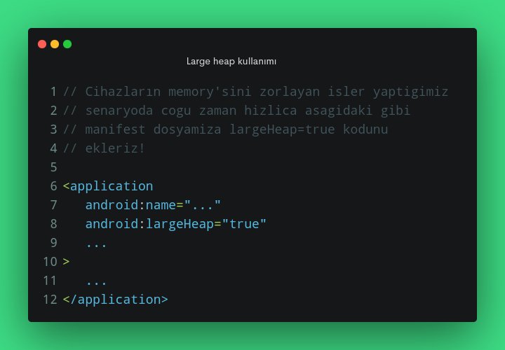 AndroidDozu's tweet image. Bugün bir tavsiye yerine tartışma konusuyla geliyorum. Oom gibi bir dizi crash'i logda okuduğu an largeHeap=true'yu yazıp geçenlerden misiniz, yoksa alternatif çözümler arıyor musunuz? Aşağıda basitçe kullanımını ekliyorum.
LargeHeap ile ilgili deneyimleri olanlar gelebilir mi!
