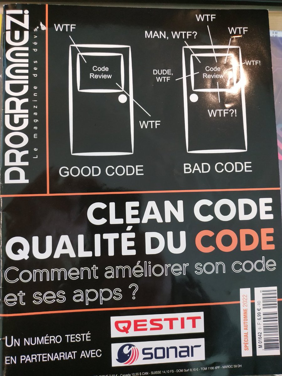 gaby_wald's tweet image. Magazine #programmez @progmag sur le #CleanCode et la qualité du code (automne 2022)

#Qualité #CleanCode #Code

programmez.com/magazine/artic…