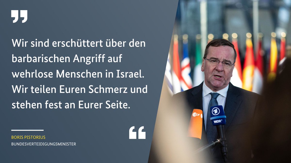 Verteidigungsminister #Pistorius kündigt schnelle Hilfe für #Israel an. Konkret hat er seinem israelischen Amtskollegen <a href="/yoavgallant/">יואב גלנט - Yoav Gallant</a> den Transport von Verwundeten mit #AirMedEvac-Flügen nach Deutschland angeboten. <a href="/Team_Luftwaffe/">Team Luftwaffe</a>