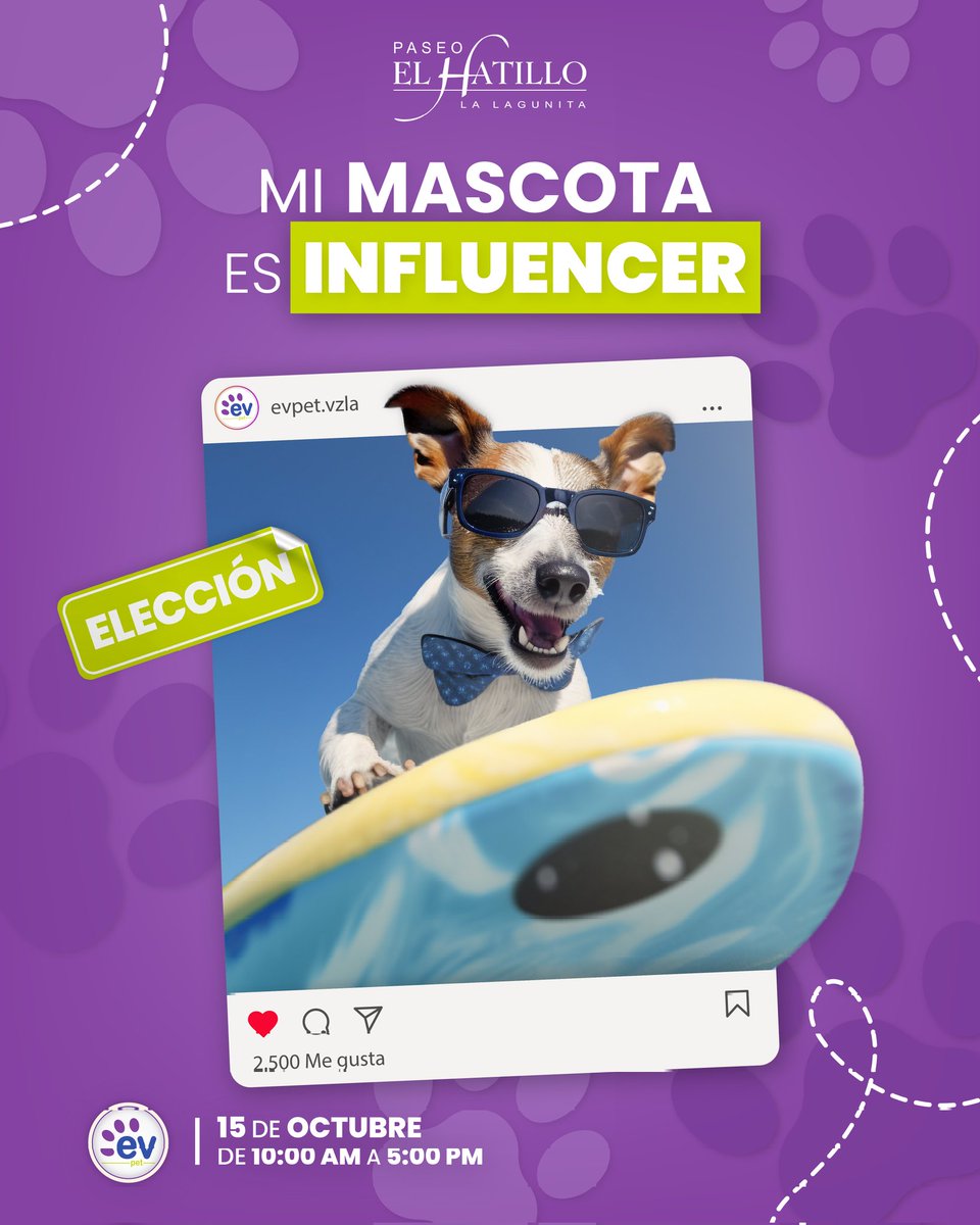 Este próximo 15 de octubre no te puedes perder la elección de Mi Mascota es influencer
Evento organizado por EvPet 
Tendremos Conversatorios, rifas, shows y muchas sorpresas más!!!
De 10 am a 6 pm