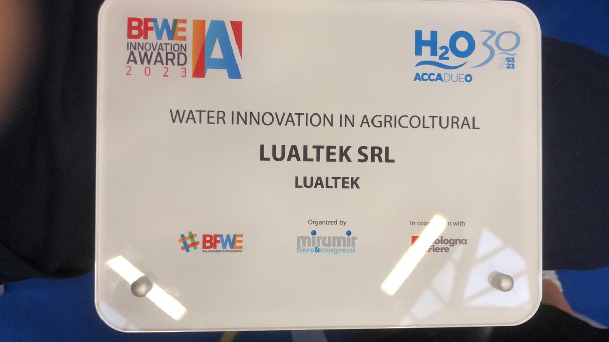 lualtek's tweet photo. 🏆Abbiamo vinto il premio #BFWE Innovation Award 2023 per l'innovazione in ambito #idrico nel settore dell'#agricoltura!
💧☘️ Siamo orgogliosi di contribuire alla sfida globale del #risparmio idrico. Con #Lualtek aiutiamo le #aziende agricole a ridurre il #consumo di #acqua https://t.co/6N3NbeU9qU