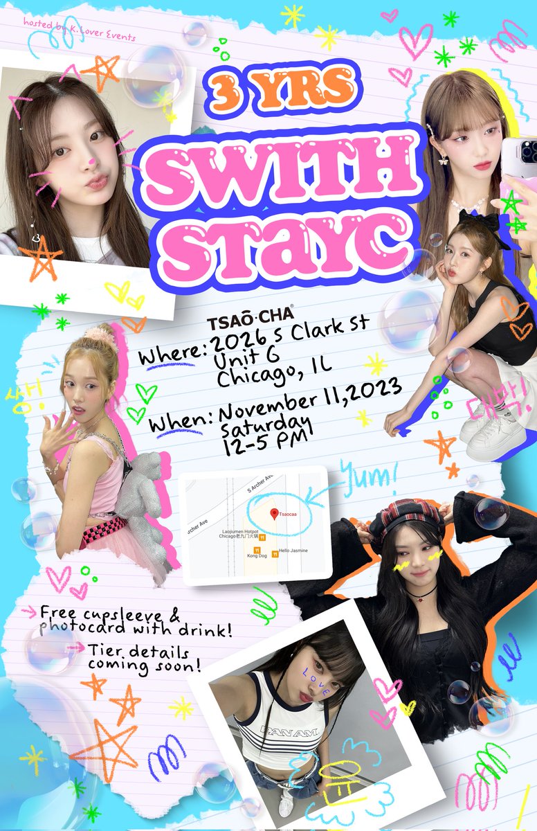 K_Lover_Events's tweet photo. 🫧 3 Years SWITH StayC 🫧

A StayC Anniversary Cupsleeve Event!

Hosted by @K_Lover_Events

🫧 Date: November 11th, 2023
🫧 Time: 12pm-5pm
🫧 Place: Tsaocaa Chinatown

DM us if you're interested in being a vendor!

🫧 More info coming soon 🫧

#3YrsSWITHStayC https://t.co/D10IX5KuEa