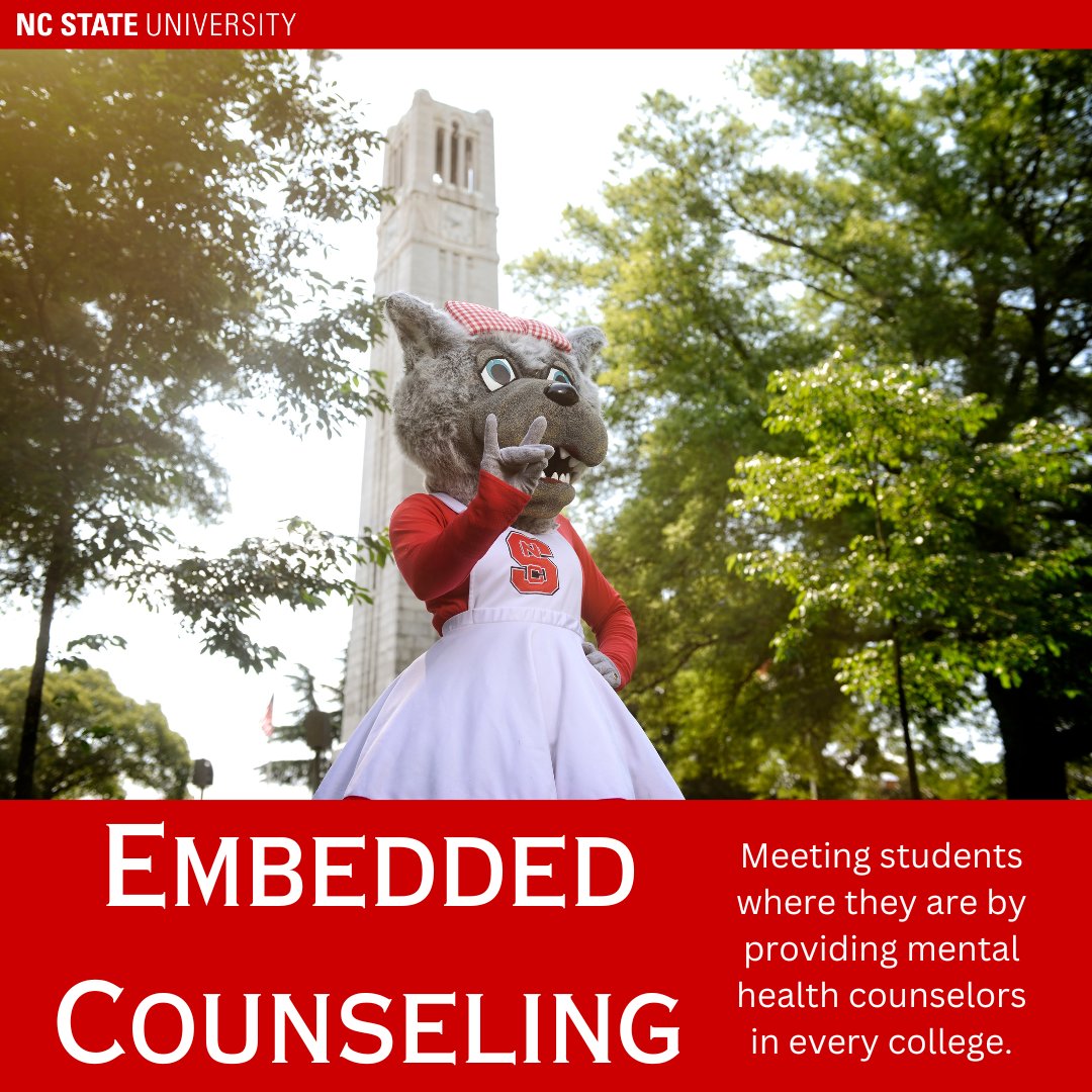 NC State PFS (@ncstatepfs) on Twitter photo Embedded Counseling is a tool at NC State that allows students to have a session with a specialized counselor to their specific college of study. Encourage your student to meet with a counselor who is best fitted to assist them.
More about this tool here: news.ncsu.edu/2023/10/embedd… Embedded Counseling is a tool at NC State that allows students to have a session with a specialized counselor to their specific college of study. Encourage your student to meet with a counselor who is best fitted to assist them.
More about this tool here: news.ncsu.edu/2023/10/embedd…