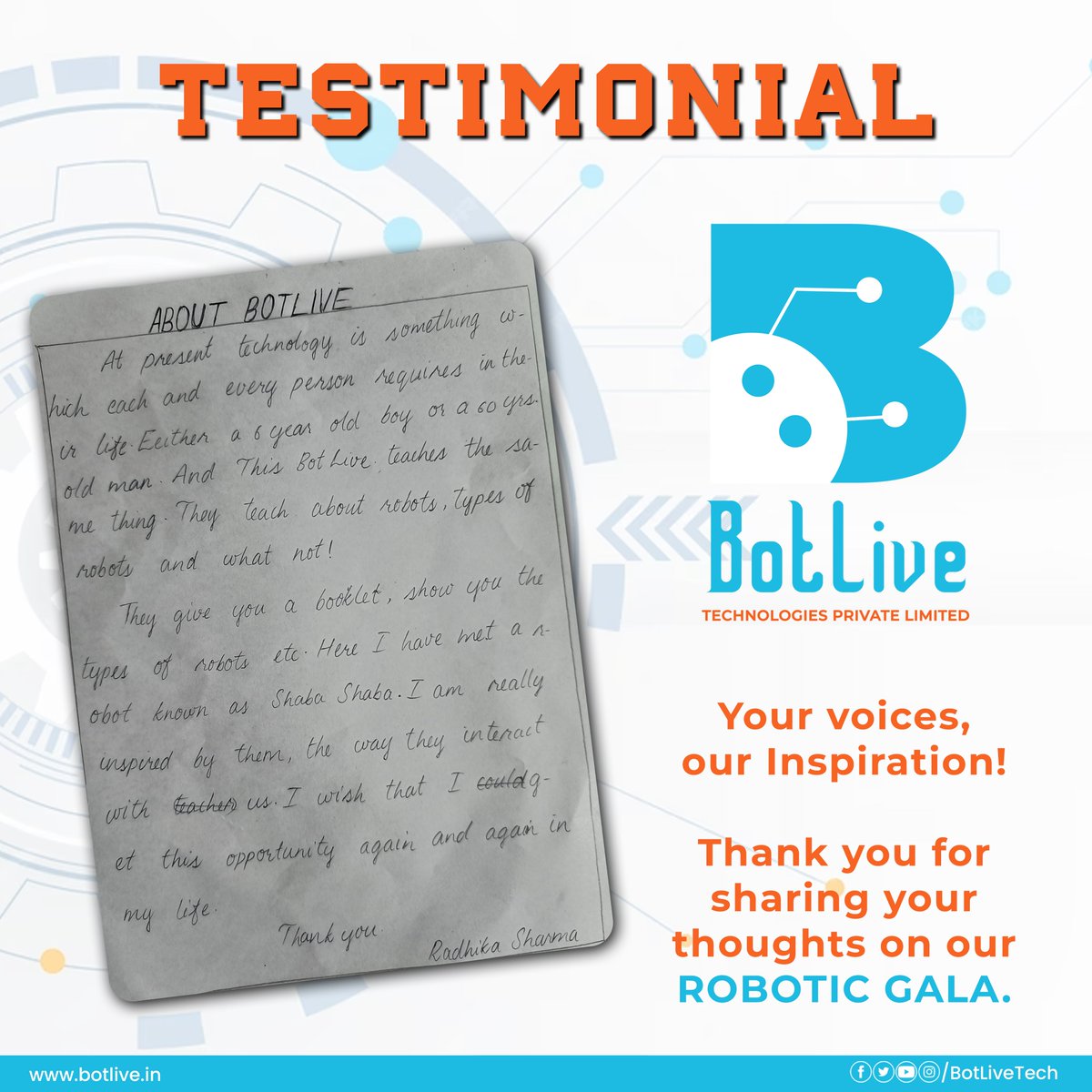 Botlivetech's tweet photo. We're thrilled to receive these handwritten testimonials from students for our Incredible Robotics Gala Workshop. Your words are a tremendous boost to our team! Thank you!

#Robotics #Botlive #Education #Hyderabad https://t.co/Y2K2d076uA