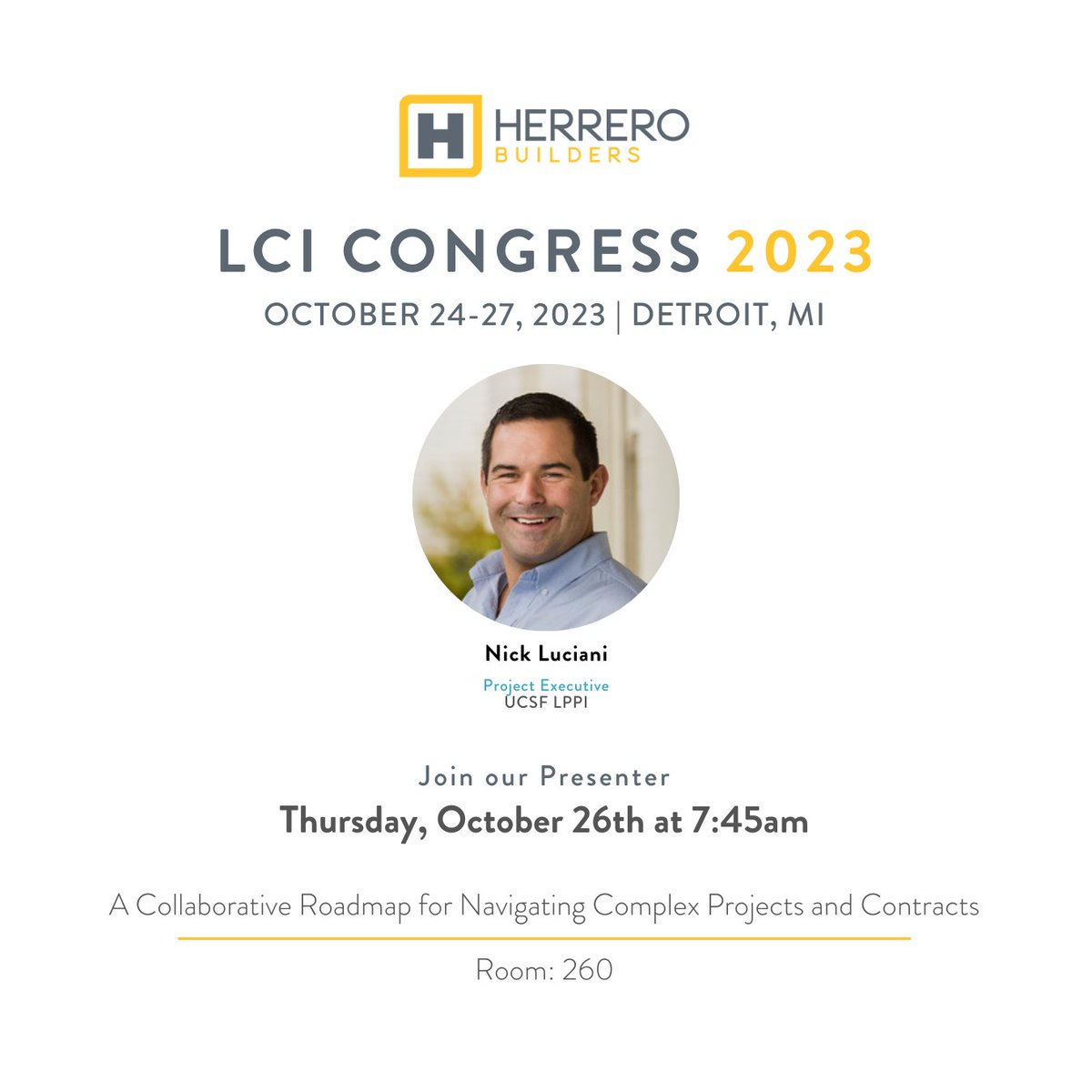 <a href="/HerreroBuilders/">Herrero Builders</a>’ Nick Luciani, will lead a live lab presentation, “A Collaborative Roadmap for Navigating Complex Projects and Contracts” on Thursday, October 26th at 7:45AM
Register today: tinyurl.com/2023lcicongres….

#lcicongress23 #Herrerobuilders