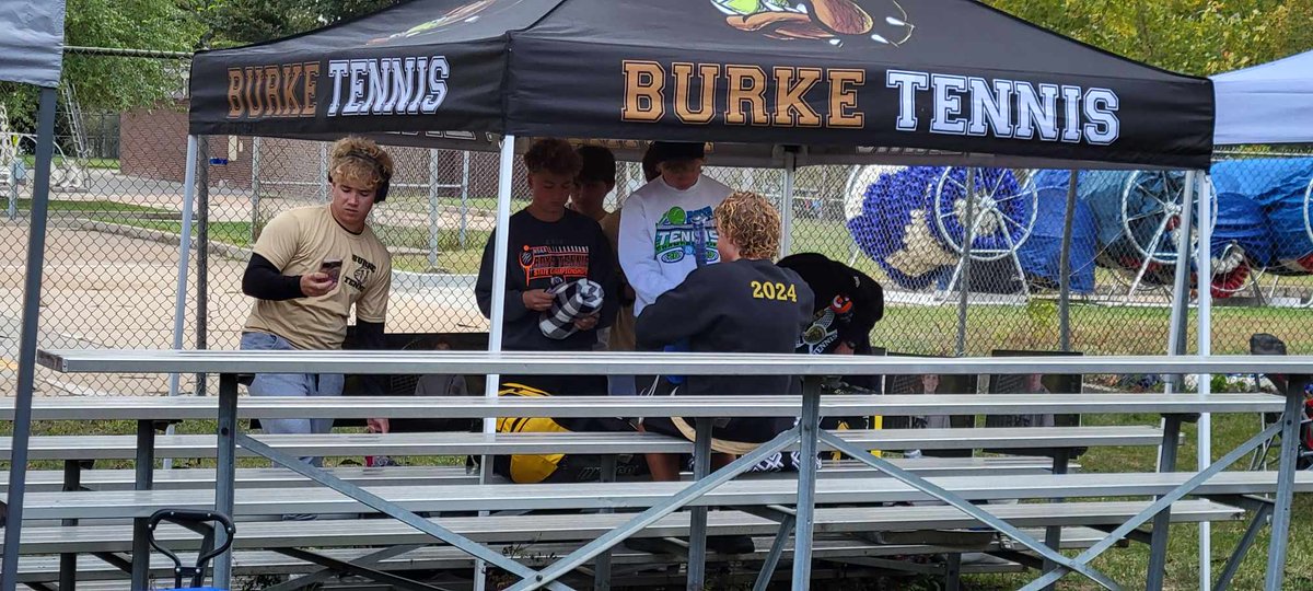 State 🎾 Wet conditions forcing all matches on 6 courts at Woods...for now. Lots of waiting but Bulldogs are ready. <a href="/burke_athletics/">Burke Athletics/Activities</a>