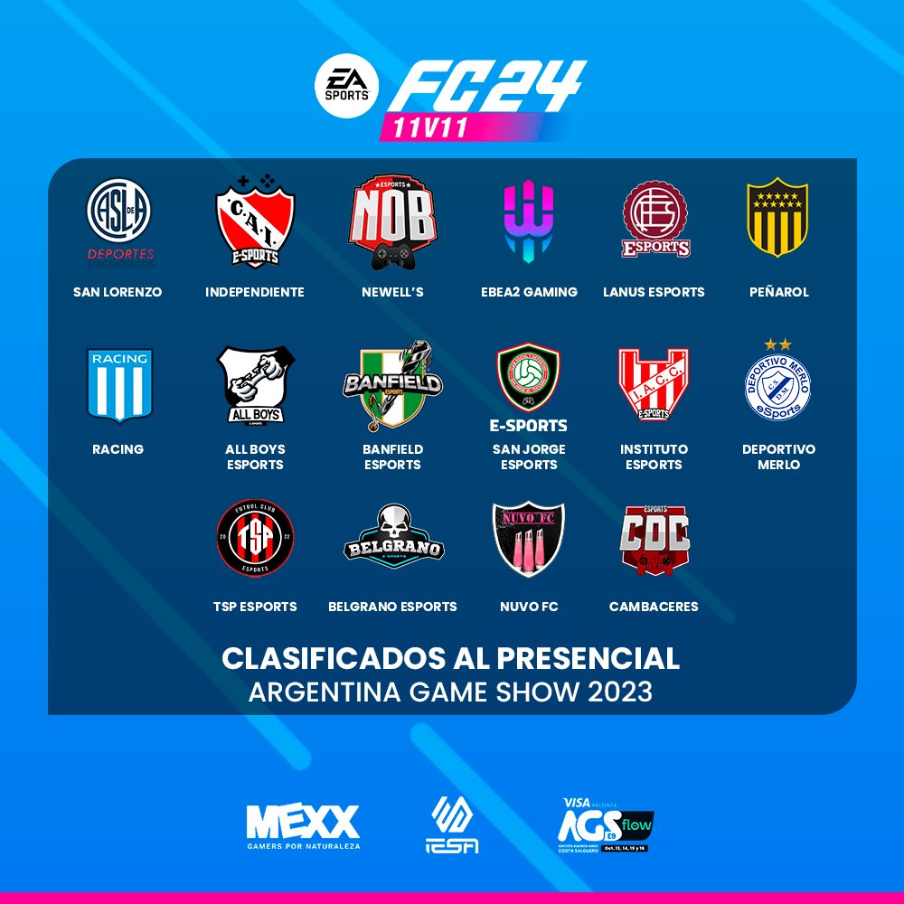 Estos son los 16 equipos que se empezarán a enfrentar el día de mañana en la <a href="/ArGameShow/">AGS Visa 🎮🕹️</a> por una nueva edición de la copa presencial más importante.
Los esperamos a partir de mañana EN VIVO en nuestro twitch durante TODO EL DIA.
twitch.tv/iesaargentina

<a href="/MexxplayOK/">MEXX PLAY</a>
<a href="/IESALatam/">IESA Latam</a>