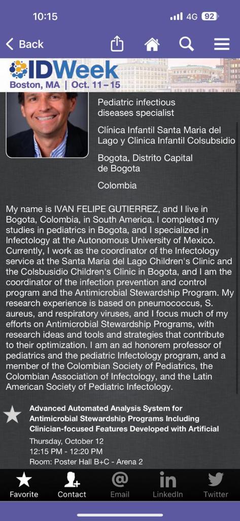 Bosquepediatria's tweet photo. Ivan Felipe Gutierrez, pediatra e infectologo Colombiano, en las grandes ligas, hoy presentando su investigacion en el congreso de IDWEEK Boston USA. Orgullo  colombiano. https://t.co/Jyar00Uwim