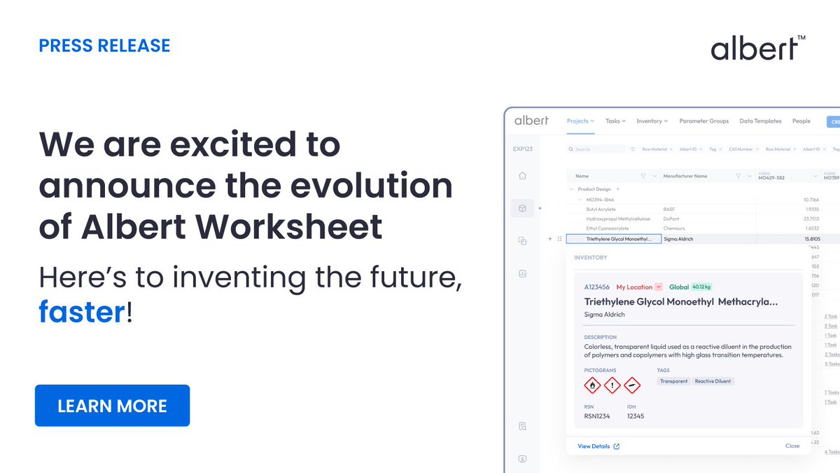 As part of our ongoing commitment to expediting #innovation and driving productivity while reducing costs for customers, Albert Invent is excited to announce the evolution of the Albert Worksheet. Our Head of Product, Zack Kisner, couldn’t have said it better:

“We are on a