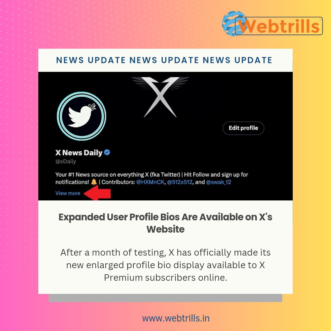News Update
.
Follow us for daily news updates and don't forget to contact us for any kind of IT Service.
Contact us 
+1.202.421-5747
webtrills.com
.
#webtrills #news #NewsUpdate #TwitterX #X #bio #newupdate #profile #itservices
