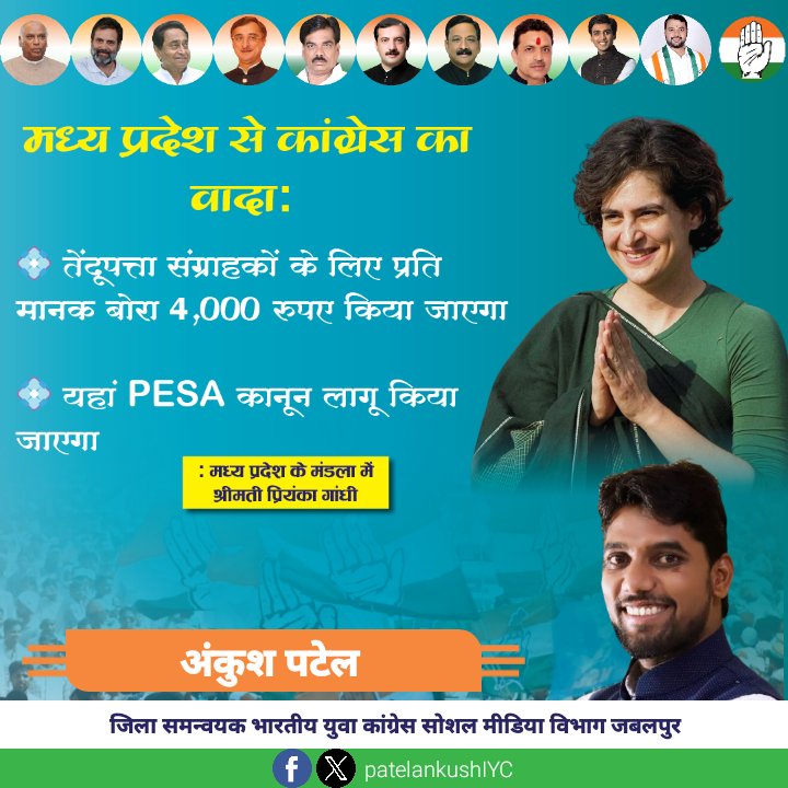 PatelankushIYC's tweet photo. मध्य प्रदेश से कांग्रेस का वादा: 
 तेंदूपत्ता संग्राहकों के लिए प्रति मानक बोरा 4,000 रुपए किया जाएगा
 यहां PESA कानून लागू किया जाएगा
 : मध्य प्रदेश के मंडला में @priyankagandhi जी https://t.co/3b6Ea2lpHo
