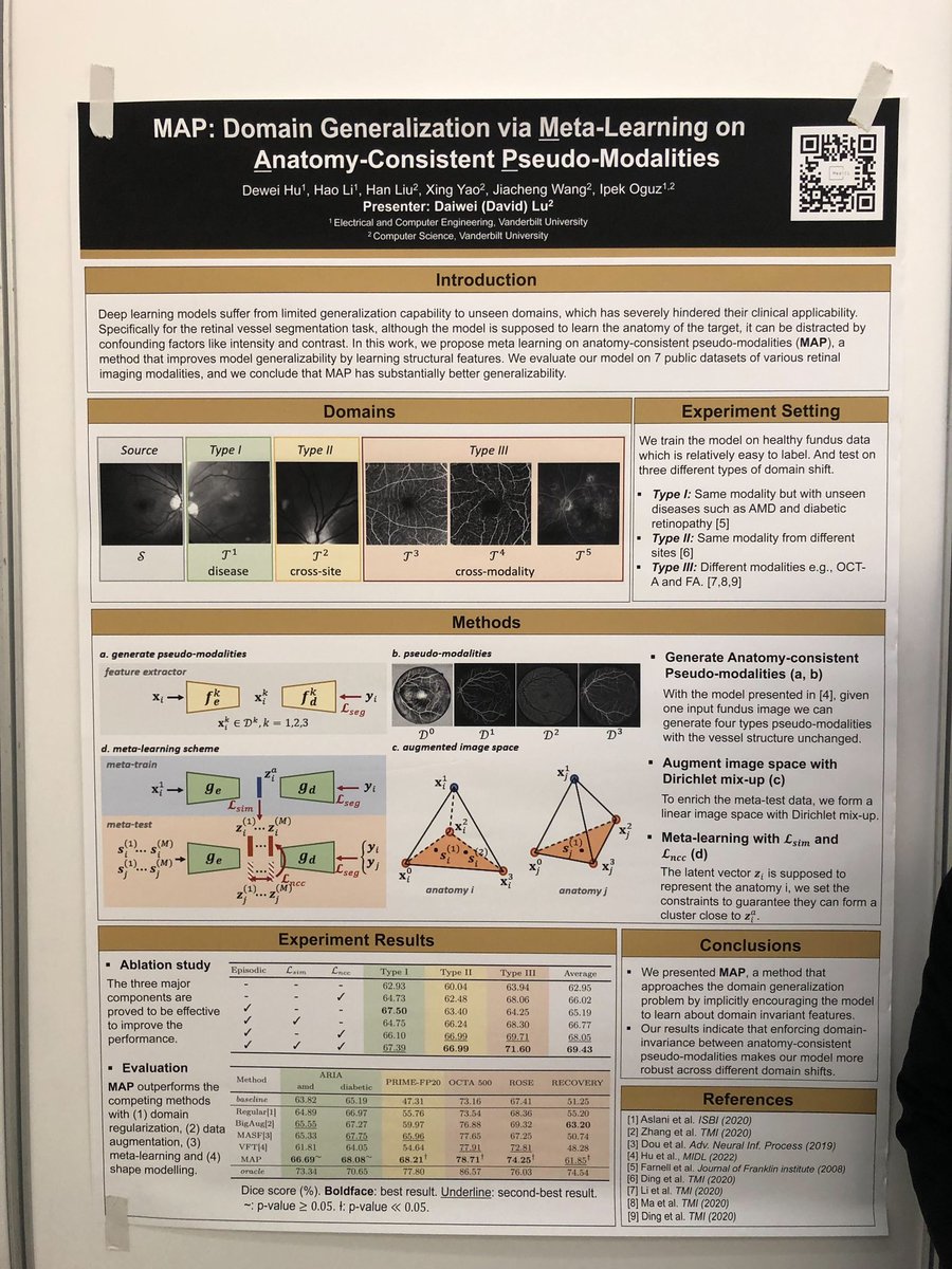 MMedicl's tweet photo. 🎉Congrats Dewei’s MAP paper is presented by David on MedAGI 2023!! The proposed MAP framework can implicitly encourage the model to learn the domain-invariant features to achieve domain generalization!
Paper Link: https://t.co/GVSzD2O7XR
@ViseVanderbilt @MICCAI_Society https://t.co/TBe350ybVx