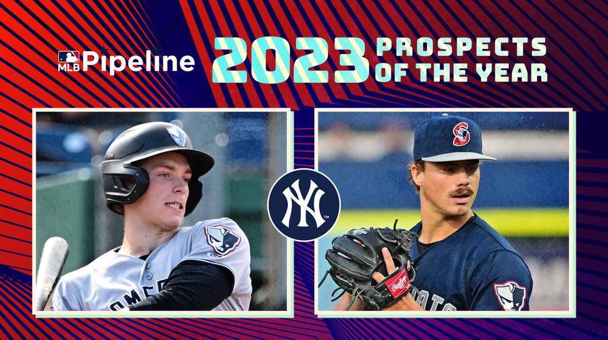 MLBPipeline's tweet photo. The Minor League leader in wRC+ (among players with 300+ plate appearances) and the MiLB leader in strikeouts are the @Yankees' 2023 Hitting &amp; Pitching Prospects of the Year: https://t.co/zI4h7zCoSX https://t.co/kz59dhLpkg