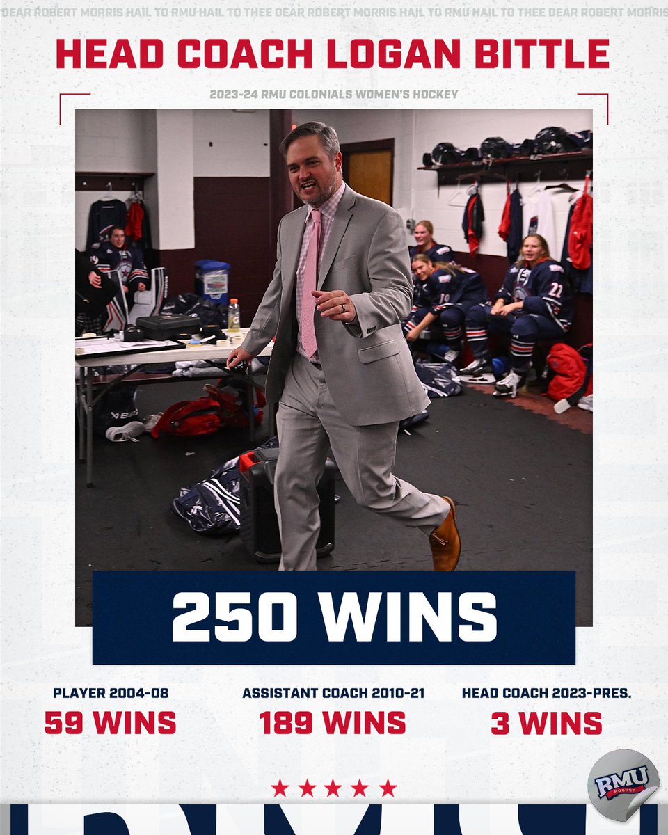 We'd like to congratulate Head Coach <a href="/LBittle8/">Logan Bittle</a> on reaching 250 wins this past weekend during his time at <a href="/RMU/">Robert Morris University</a>‼️ Many more wins on the way🎉

#BobbyMo | 🔵🏒🔴 | #RMUnite #CHA