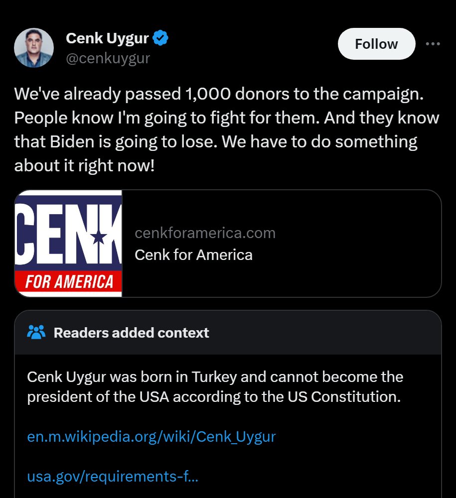 BREAKING - Cenk Uygur announces stunning presidential run promising to defeat Joe Biden, Community Notes, and the US Constitution.

🇹🇷🇺🇸🤔
