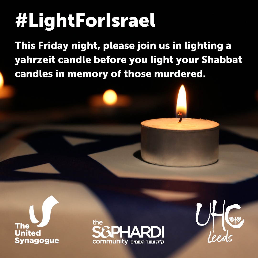 UnitedSynagogue's tweet photo. This Friday afternoon, please join us in lighting a yahrzeit or extra candle before you light your Shabbat candles in memory of all those murdered.
The times candles should be lit are here: https://t.co/qb8rEcS3Ng

This is an initiative spearheaded by Rabbi Alby Chait of UHC Leeds.

#LightForIsrael 🕯️

@UHCLeeds