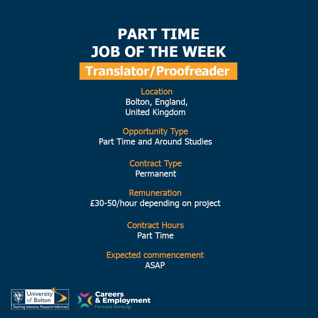 boltoncareers's tweet image. #ParttimeJoboftheWeek 
Translator/Proofreader 
Permanent part time position
£30-50 per hour depending on project. To apply, click the link in our bio to access Studenthub!

#jobs #studentjobs #universityofbolton