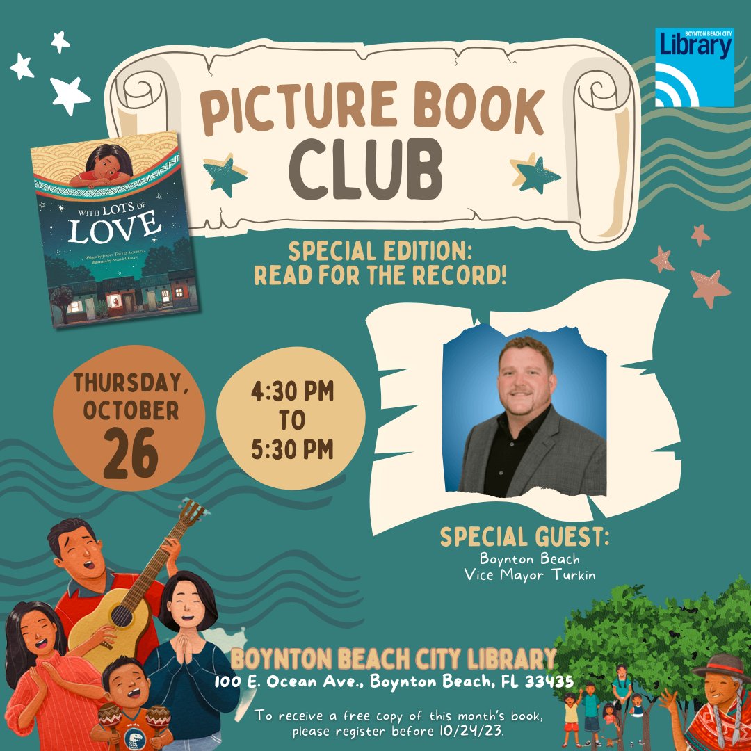 BBCityLibrary's tweet photo. This month, Vice Mayor Turkin will read the 2023 Read for the Record selection With Lots of Love by Jenny Torres Sanchez. ⭐️ For children ages 5-12 years old️ ⭐️    @cityofboynton

#BoyntonBeach #BoyntonLibrary #ReadfortheRecord2024 https://t.co/Nhh6fkGmff