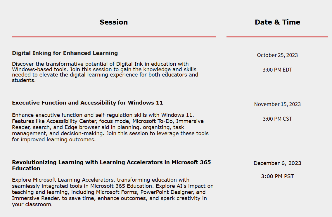 Some great CDW webinars coming up on #MicrosoftEDU technologies. Weekly topics include:

✅ Digital Inking for Enhanced Learning
✅ Executive Function and Accessibility for Windows 11
✅ Learning Accelerators

Register here 👉 amplifiedforeducation.cdw.com/microsoft-tool…

#edtech #MIEExpert #edchat