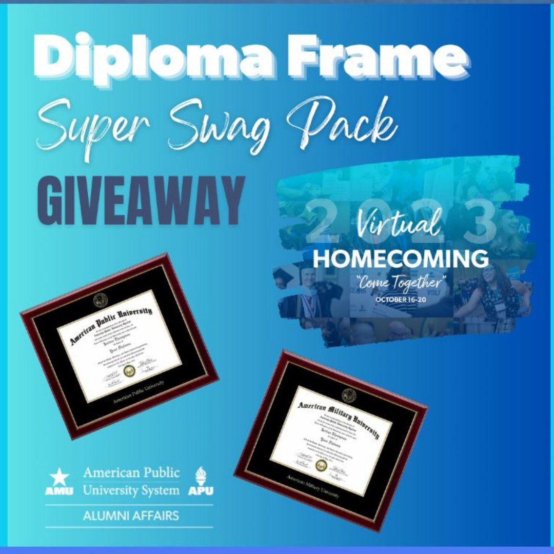 Engage for a chance to win one APU and one AMU Diploma Frame along with a Super Swag Pack filled with AMU and APU swag! 

For rules and more info:
apus.formstack.com/forms/2023_dip…

#AMUCometogether #APUCometogether
@AmericanMilU @AmericanPublicU @APUSPRteam