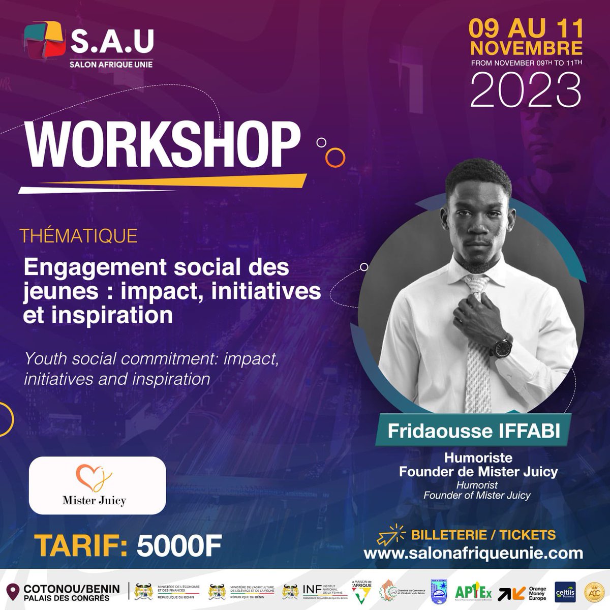 Salut à toi jeune entrepreneur, 

J’animerai très bientôt mon premier Workshop sur une thématique qui me passionne énormément ✍🏽

Prenez le rendez-vous et on se dit tout ✨

Vive la jeunesse, Vive le Bénin 🇧🇯

F.I 

#SalonAfriqueUnie 🌍