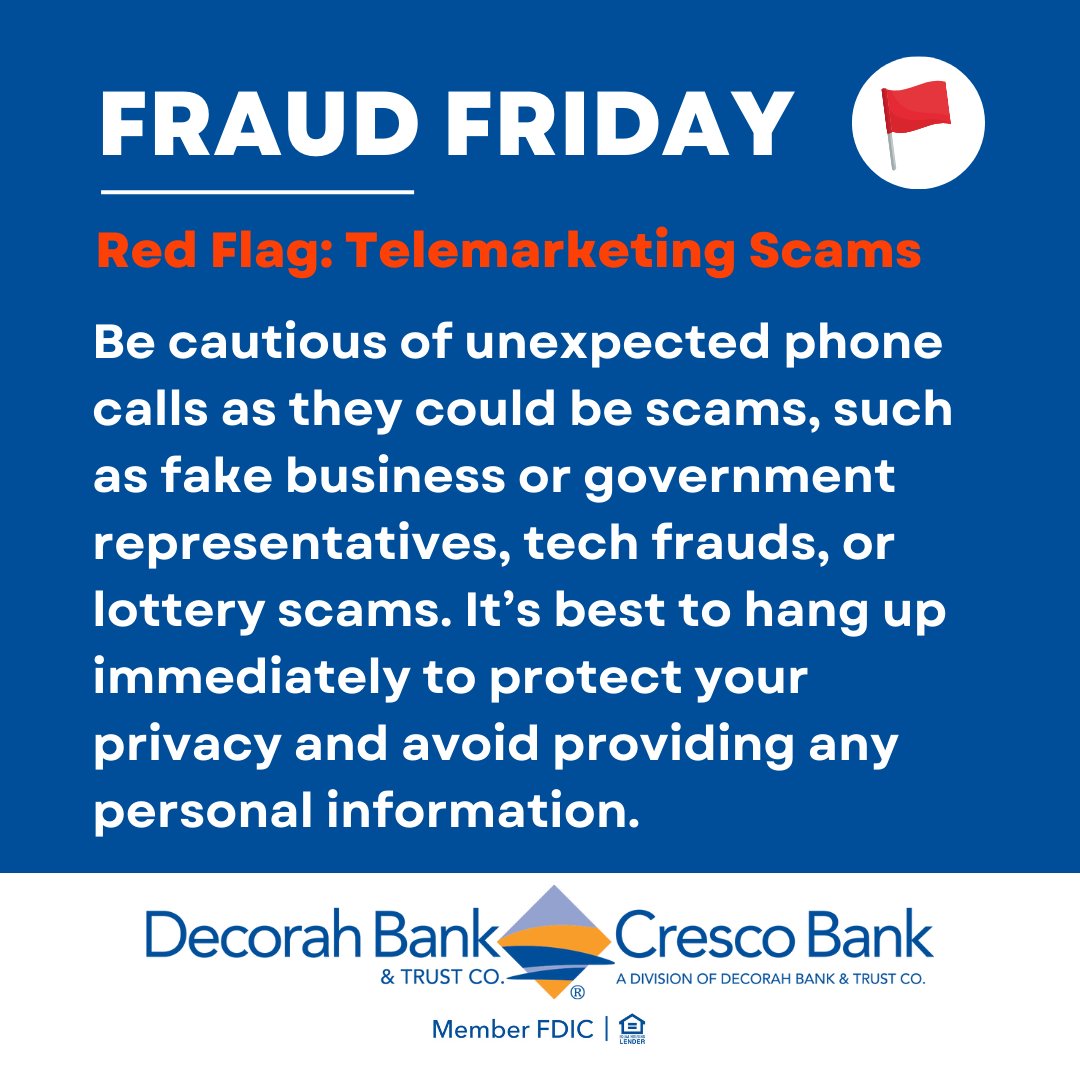 DecorahBank's tweet image. Don’t let fraudsters steal your hard-earned money! Use this safety tip to stay safe and secure. #FraudFriday🚩