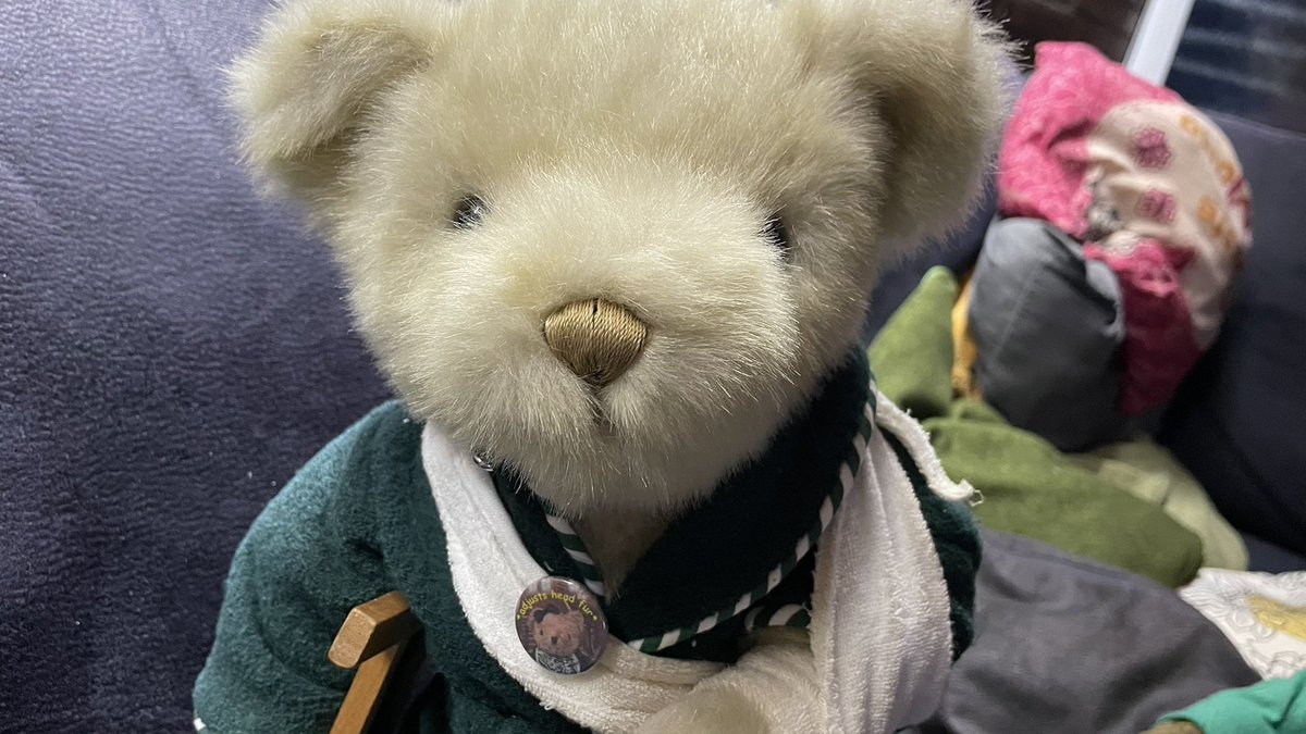 BearemyTed's tweet photo. @Jacobs_Clan Cilla Look! When Cuthbert saw my new badges, he immediately grabs the one with your picture and he doesn’t want to give it back! #ForgiveCuthbert #StandWithCuthbert https://t.co/0Jz7fP5ob7