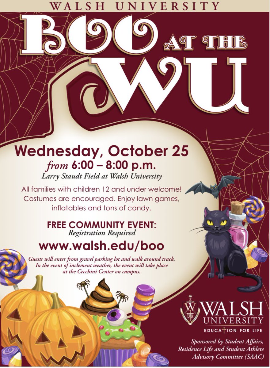 🎃Boo at the WU🎃 🗓️: Wednesday, October 25th ⏰: 6-8pm 📍: Larry Staudt Field 🔗: walsh.edu/boo 🍬: Candy, inflatables, and games‼️ #SwordsUp
