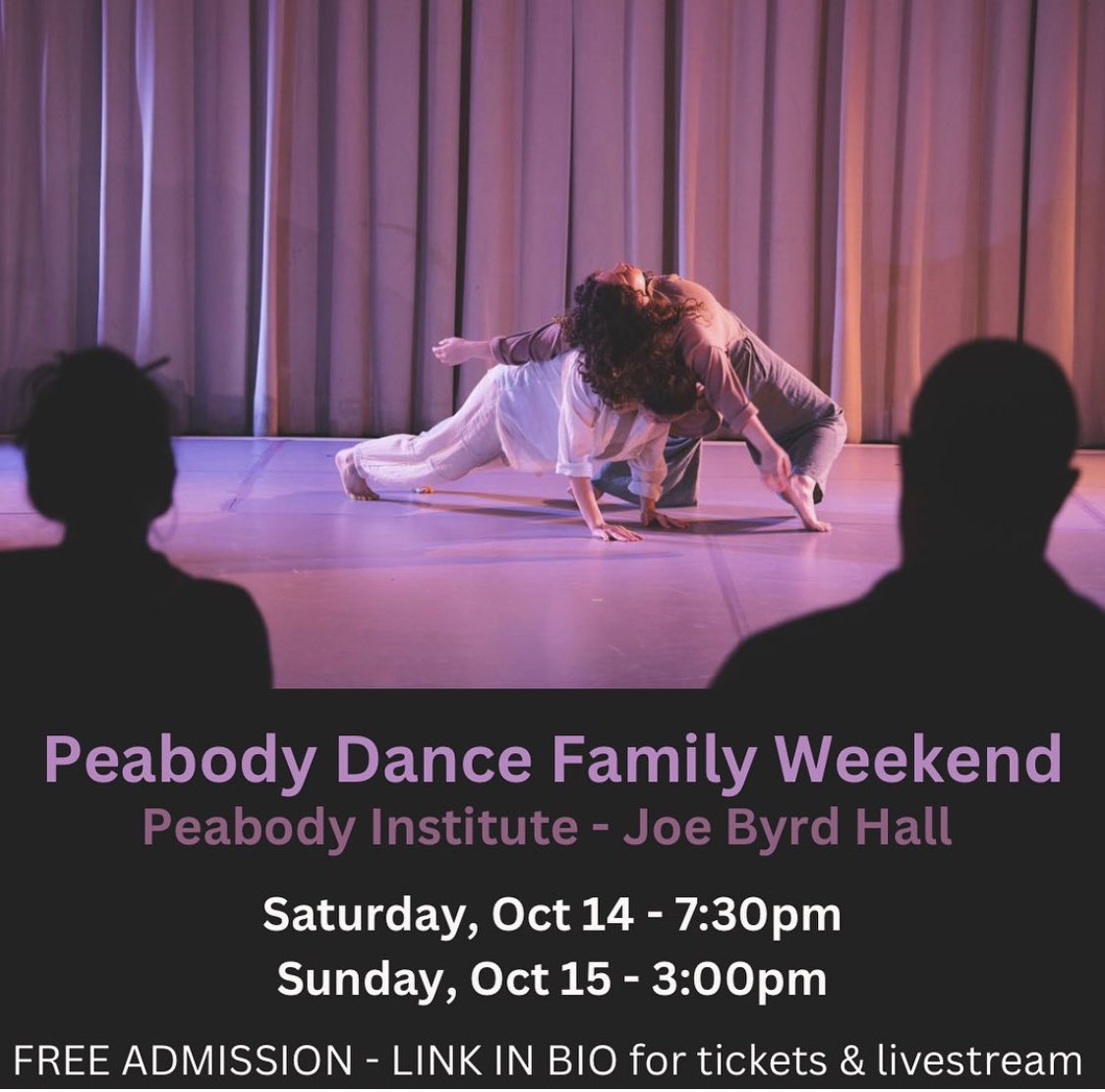 Join us this weekend for our 2023 Family Weekend Performances, featuring student, faculty, and guest artists’ choreography!! Click the link in our bio for ticket and livestream information! #peabodyproud 

photo credit: Bill Liu
dancers: Sophia Perone, Marie Amelle-Thenoz