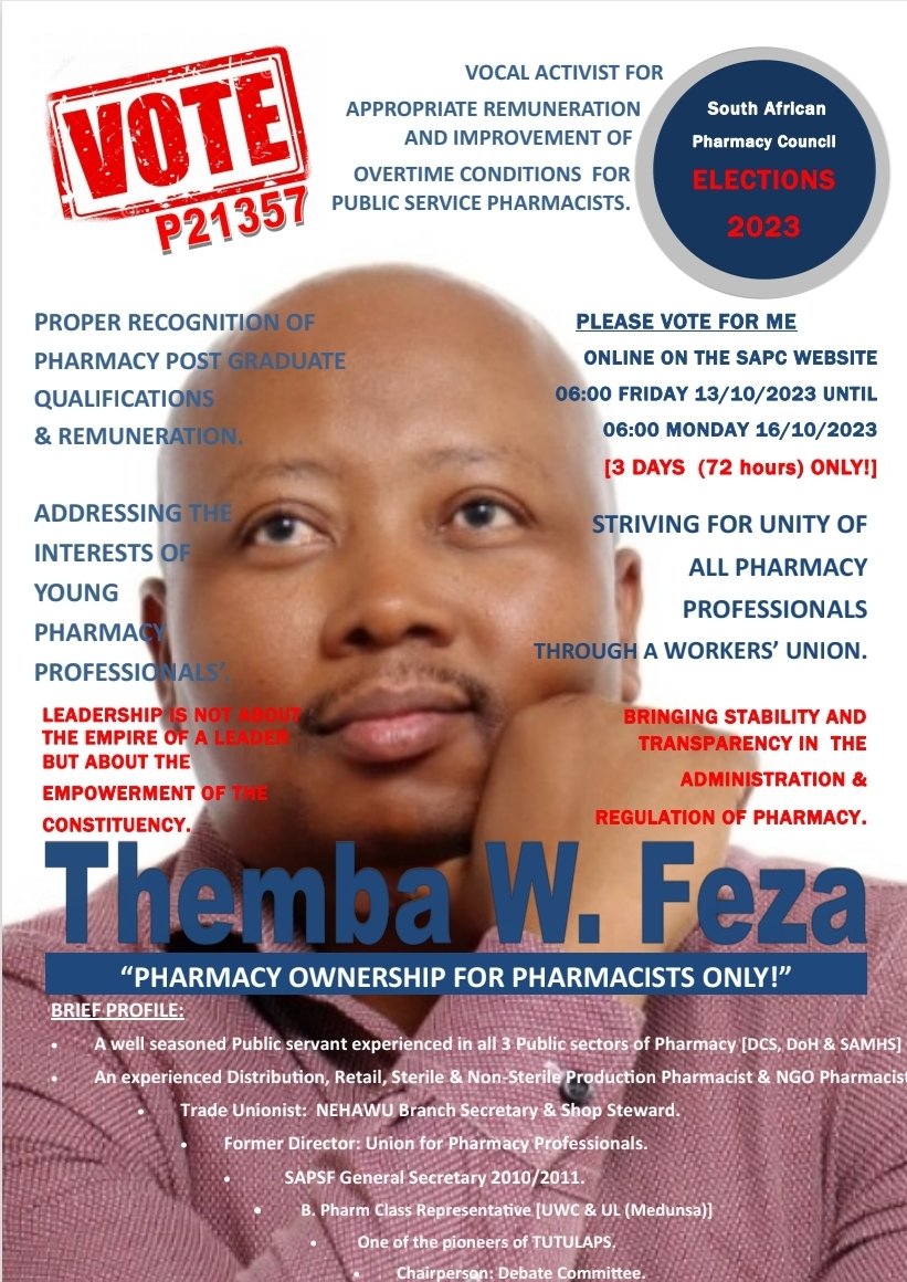 twfeza's tweet photo. Please tell every South African Pharmacist you know to tell every pharmacist they know that, Friday 13 October 2023 is upon us. 6 to 6 Friday to Monday. Please make your mark. #SAPC2023Elections https://t.co/7OEnKQEol3