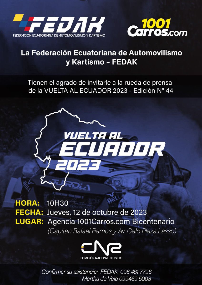 AutomagazineEc's tweet photo. Estamos con la FEDAK y la CNR en rueda de prensa de confirmación, lanzamiento y socialización de detalles de la Vuelta al Ecuador 2023: 🏁👍🇪🇨
Pronto en https://t.co/cArjcaq4Fw
#AutoMagazineEc #AutoMagazine #AutosEcuador #AutoEc #Fedak @fedak_oficial @1001carros @Rallyecuador https://t.co/2itDYANCuE