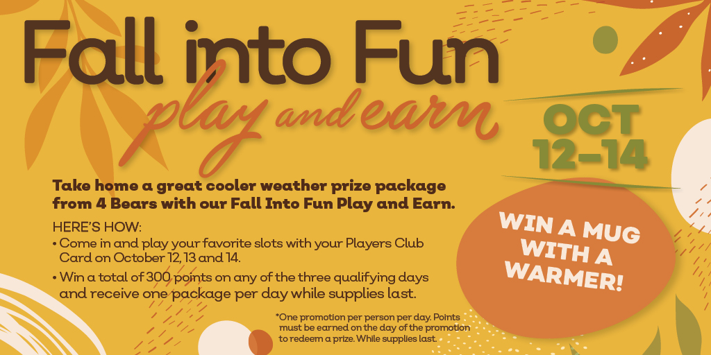 Brrrr! 🍂 Who's excited for fall? Get ready to cozy up with an awesome cold weather prize package! Play and Earn at 4 Bears Casino &amp; Lodge and treat yourself to some autumn fun!

Find out all the details at: bit.ly/46m54oo