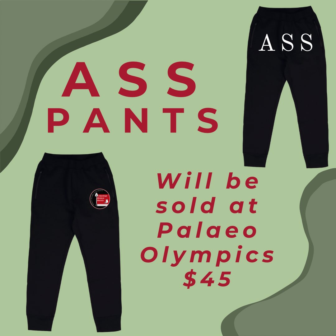 SFU_ASS's tweet photo. Want to get your hands on our exclusive ASS pants? We will be selling them at Palaeo-Olympics on October 13th for $45!!!
We will also be selling other merch such as lanyards, pins, and keychains. https://t.co/pSuGZqPuIx