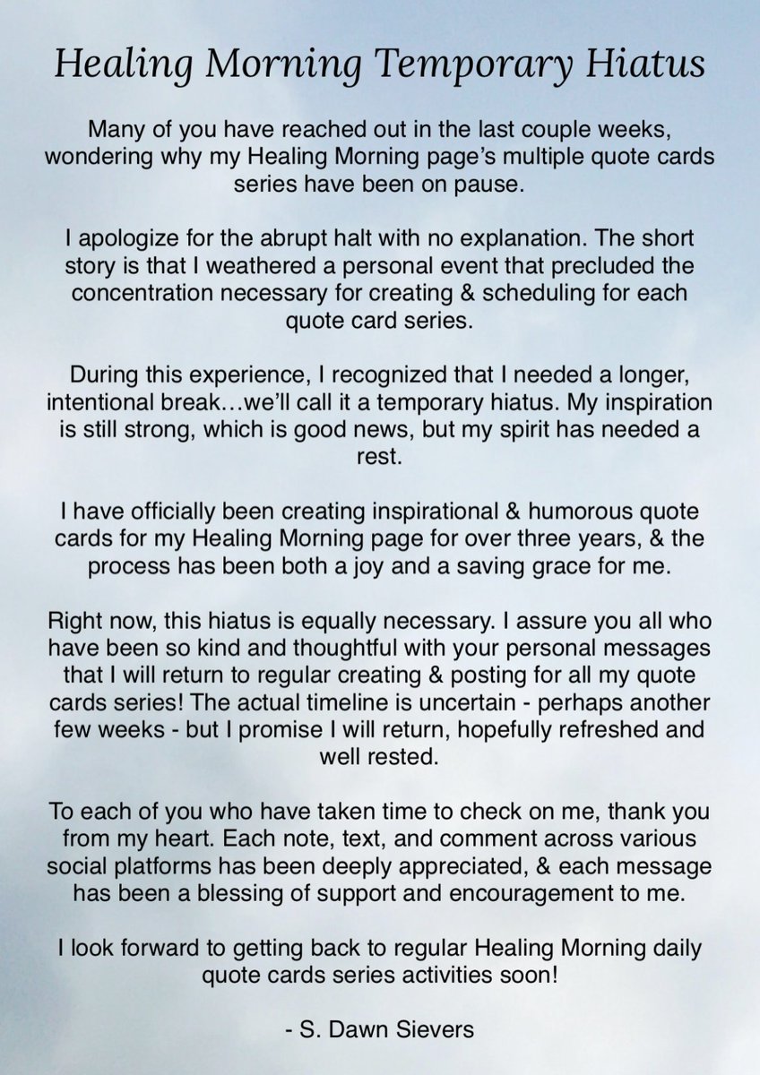 sds2965's tweet image. Healing Morning Status Update: I’m taking a hiatus to recharge, regroup, do some resting, &amp;amp; healing. ✨

#HealingMorning #TemporaryHiatus #HealthySelfCare #Refresh #Recharge #Rest #Heal