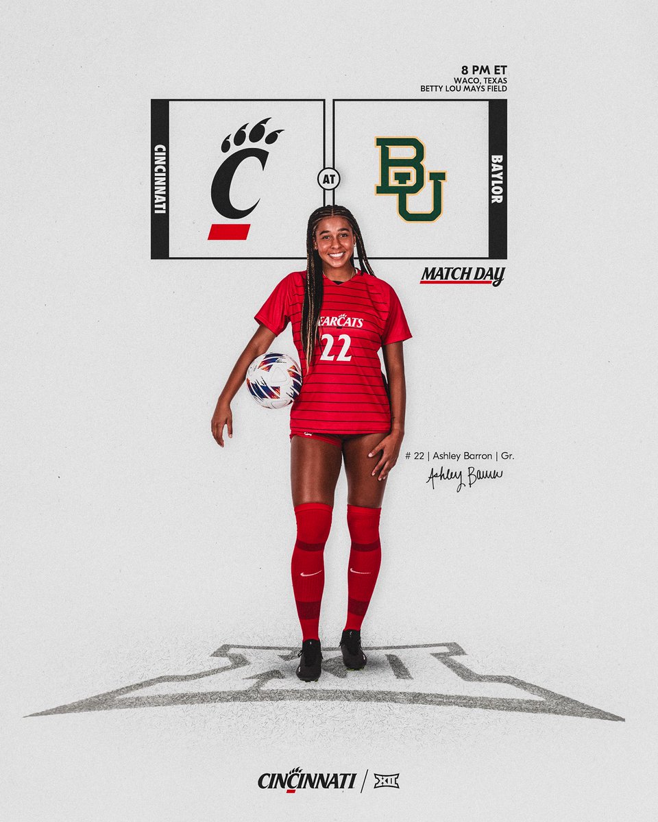 GoBearcatsWSOC's tweet photo. Ready for another battle in Texas!! 

🆚 Baylor
📍 Waco, Texas 
⚽️ 8 pm ET
📺 ESPN+ / Big 12 Now
📊 https://t.co/t9EeY4PSN0

#Bearcats | #WePlayFor3 https://t.co/gQw9xekFJC