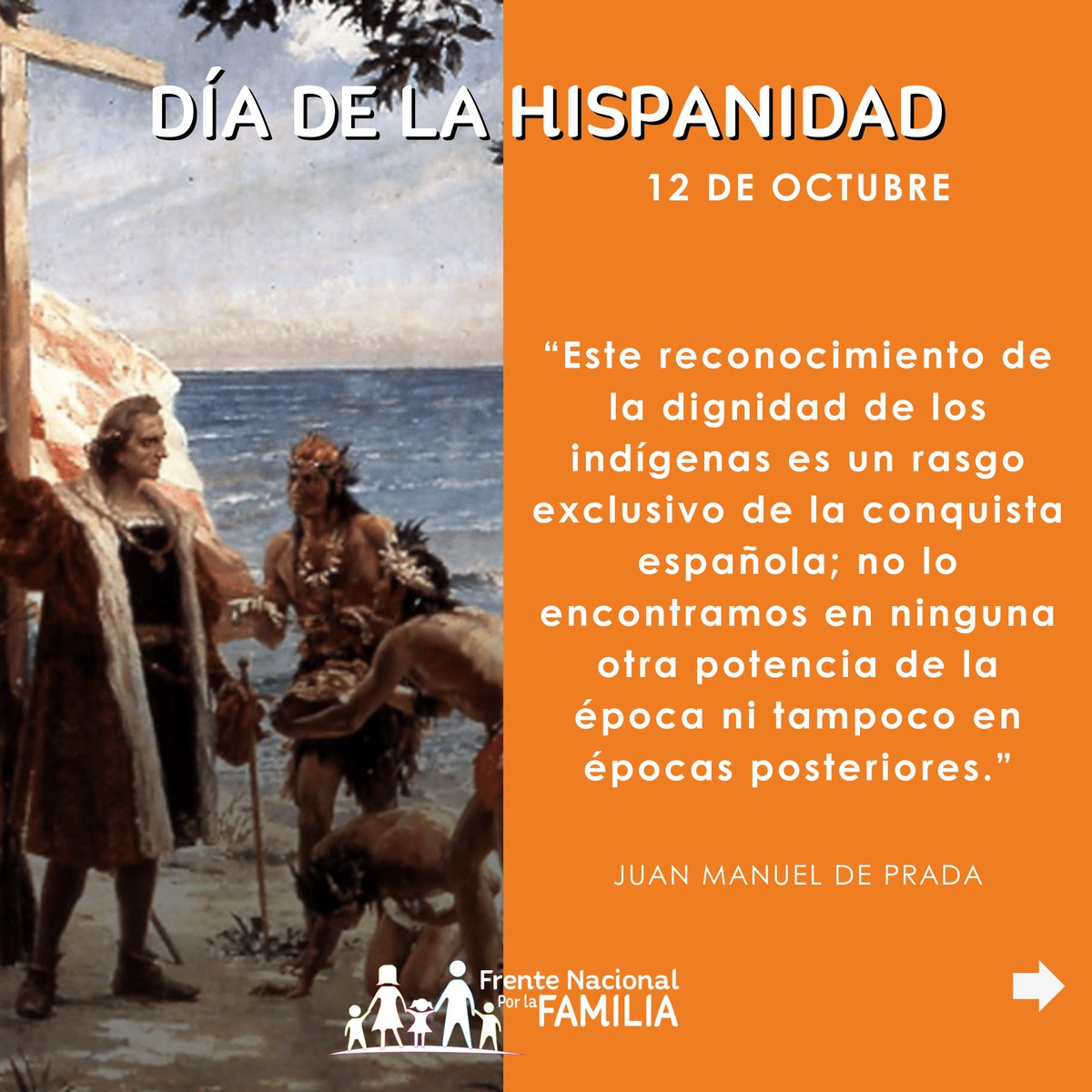FNxFamilia's tweet photo. 🧵 Hoy celebramos el Día de la Raza o también conocido como 'Día de la Hispanidad', compartimos con ustedes algunos pensamientos de Juan Manuel de Prada sobre  el encuentro de estos dos mundos y la fusión en una Raza Cósmica como la llamó Vasconcelos. https://t.co/gPKWe2Ei5C
