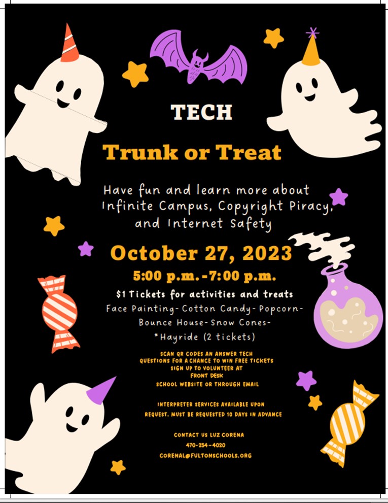 IsonSpringsES's tweet photo. Please join us on October 27, 2023, from 5:00-7:00 p.m. for a fun night of technology, activities and treats!  Learn more about Infinite Campus, Copyright Piracy, and Internet Safety while trunk or treating! https://t.co/iuMSIcKgBc