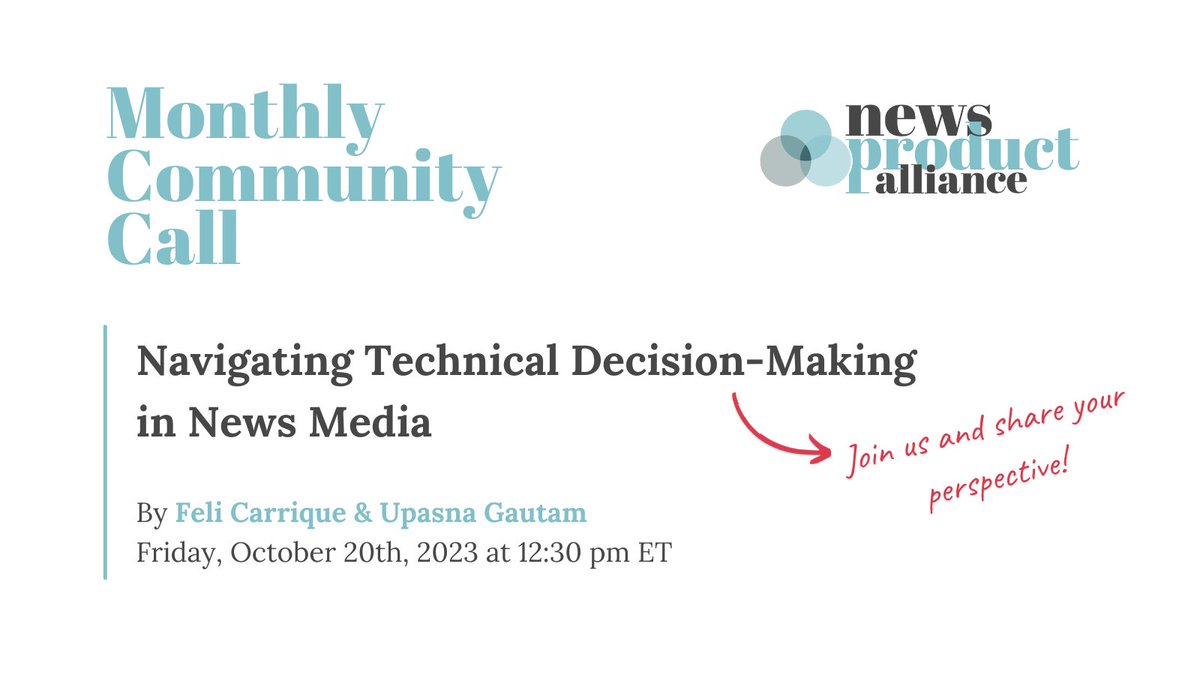 News Product Alliance (@newsproduct) on Twitter photo 📢NPA Members, join us next Friday for our monthly community call featuring <a href="/felicarrique/">Feli Carrique</a> and <a href="/UpasnaGautam/">Upasna Gautam</a>!
Navigating Technical Decision-Making will take place on Oct. 20th at 12:30 pm ET!🗓️
Don't miss out! Event registration info in the announcements channel in NPA Slack.🔗 📢NPA Members, join us next Friday for our monthly community call featuring <a href="/felicarrique/">Feli Carrique</a> and <a href="/UpasnaGautam/">Upasna Gautam</a>!
Navigating Technical Decision-Making will take place on Oct. 20th at 12:30 pm ET!🗓️
Don't miss out! Event registration info in the announcements channel in NPA Slack.🔗