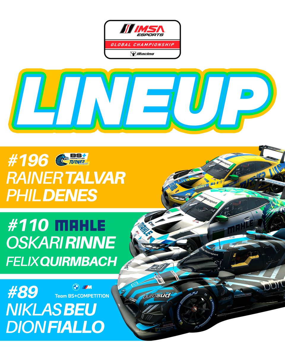 #TheHerd is coming to <a href="/IMSA/">IMSA</a> competition again 🦓

🌮 196 BS+TURNER
🟢🔵 110 #MAHLERACINGTEAM
🔥 89 BMW M Team BS+COMPETITION

Let's rock virtual North America again! 

#BSCOMPETITION | #EsportsRacing | #IMSA | #iRacing | #BMWSIM
