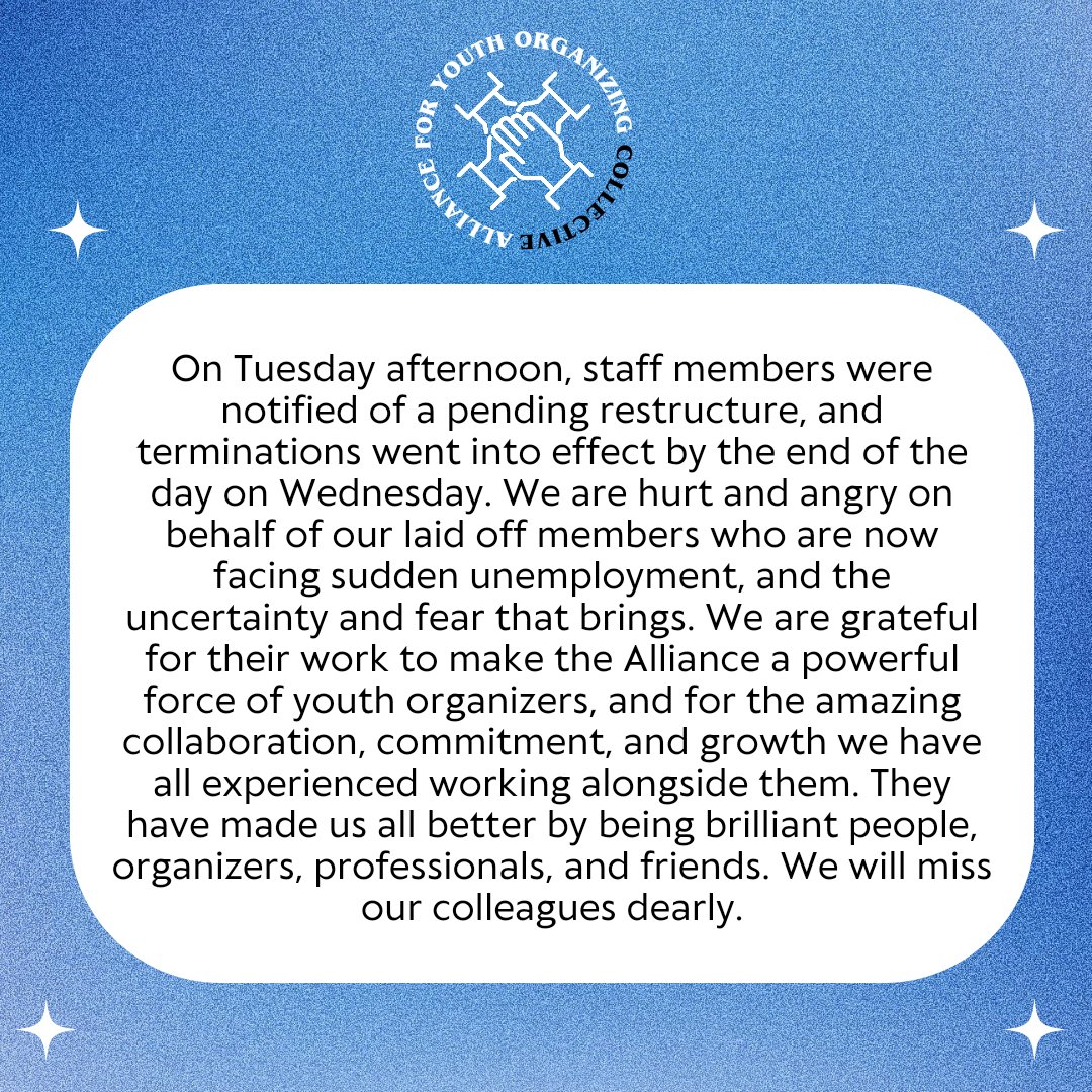 danielamrabti's tweet photo. Yesterday, I was laid off. I was among 6 people at my work who were laid off—all women of color.

I have worked at the Alliance for 7 years. The fact that they pushed me and my colleagues out so quickly is devastating.

Please share the statement from our union! https://t.co/ZopzgNIWxW
